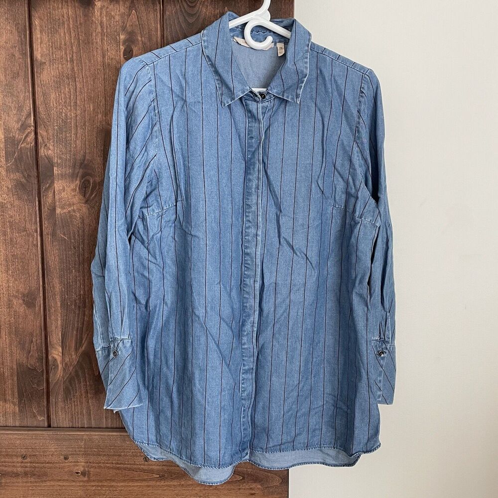 Soft Surroundings Top Womens Petite Medium Striped Tencel Chambray PM tunic
